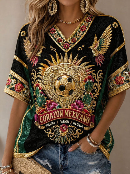 Camiseta estampada con diseño artístico de amor por el fútbol mexicano para mujer