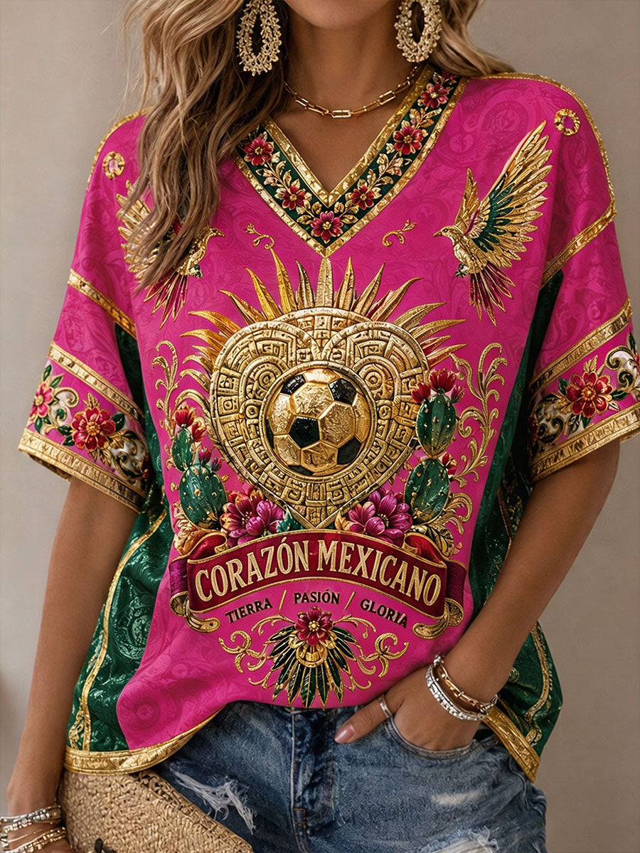 Camiseta estampada con diseño artístico de amor por el fútbol mexicano para mujer