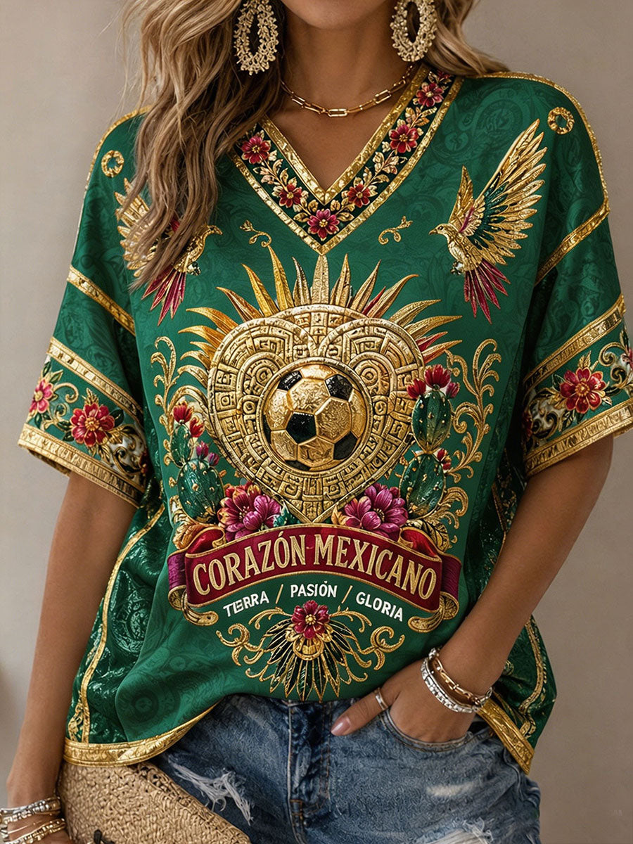 Camiseta estampada con diseño artístico de amor por el fútbol mexicano para mujer