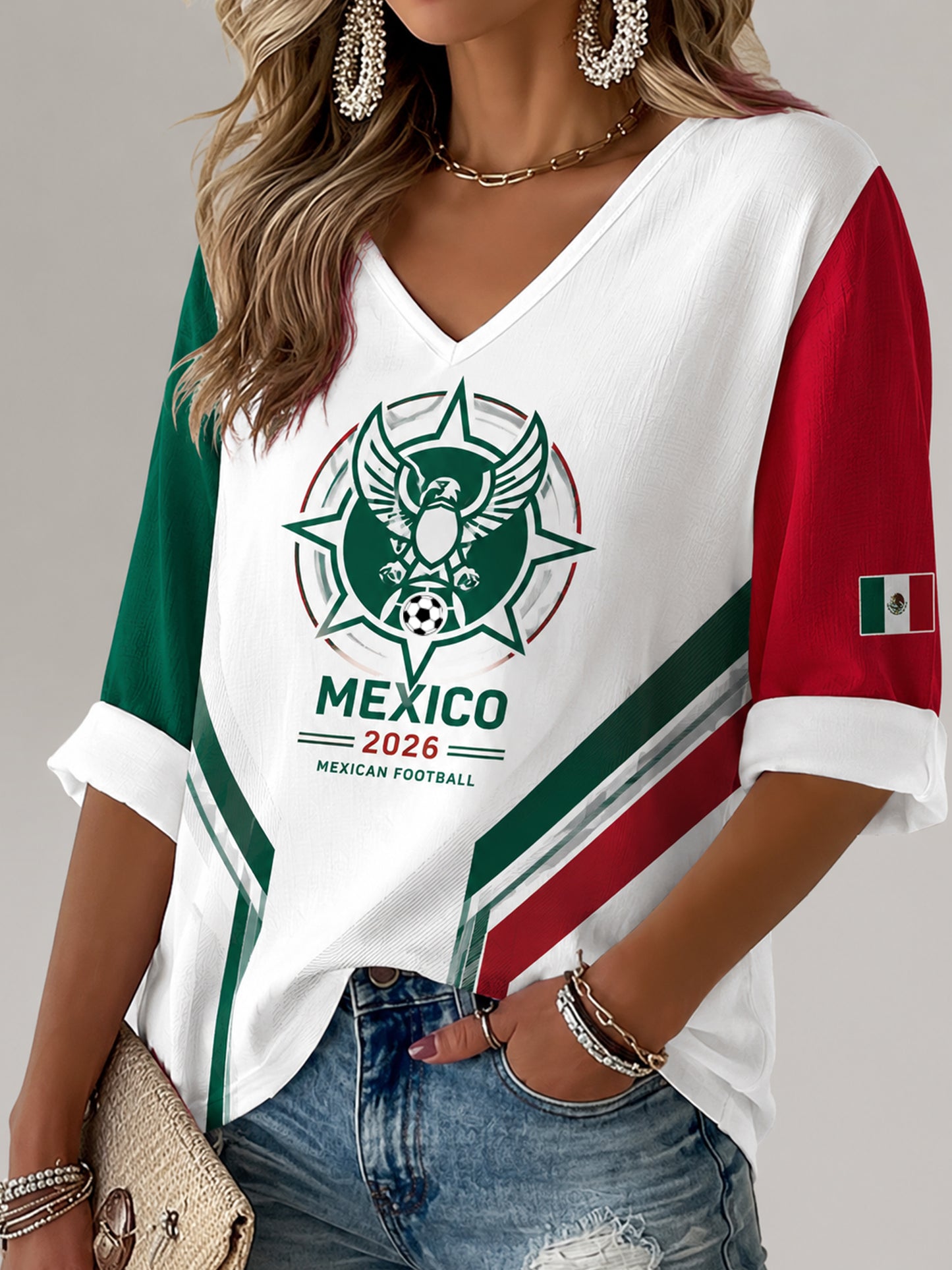 Camiseta de cuello en V con estampado artístico de elemento de animación para partido de fútbol femenino mexicano