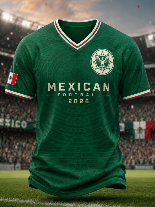 Camiseta con estampado artístico de elementos de animación para partidos de fútbol mexicano