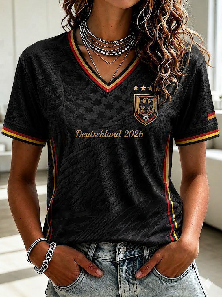 Damen-Fußball-T-Shirt aus Deutschland mit V-Ausschnitt und Print