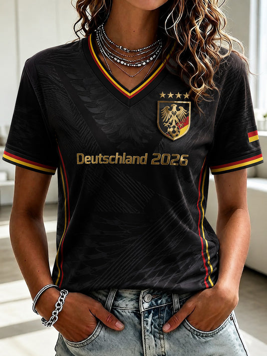 Damen-Fußball-T-Shirt aus Deutschland mit V-Ausschnitt und Print