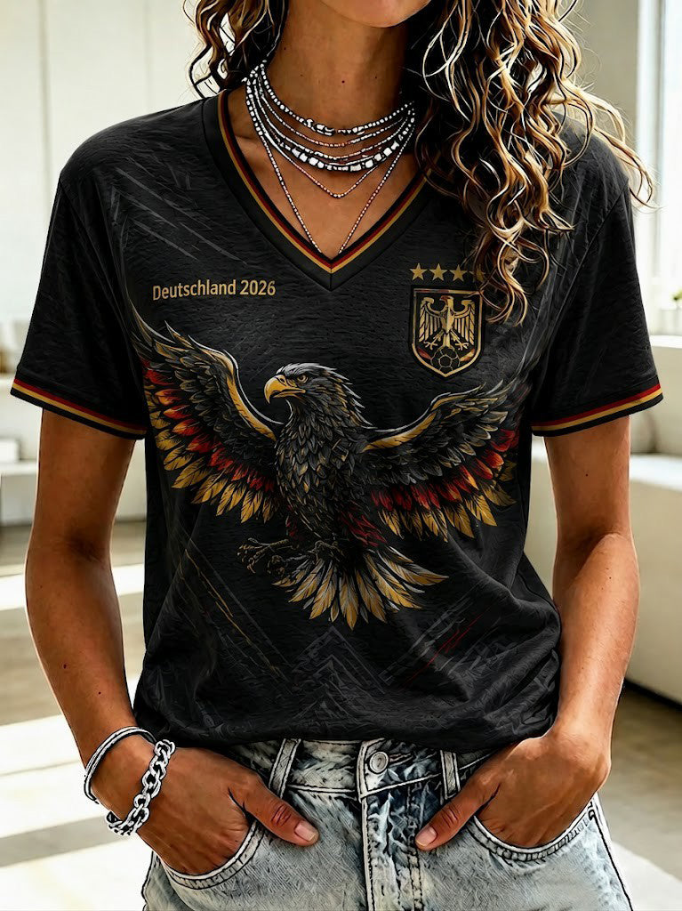 Damen-Fußball-T-Shirt aus Deutschland mit V-Ausschnitt und Print