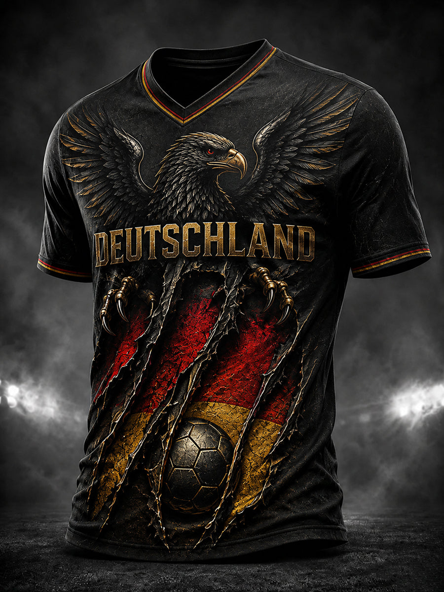 Herren Deutschland Adler Fußball Bedrucktes T-Shirt mit V-Ausschnitt
