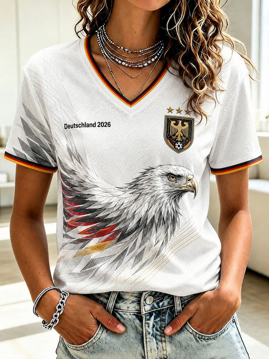 Damen-Fußball-T-Shirt aus Deutschland mit V-Ausschnitt und Print