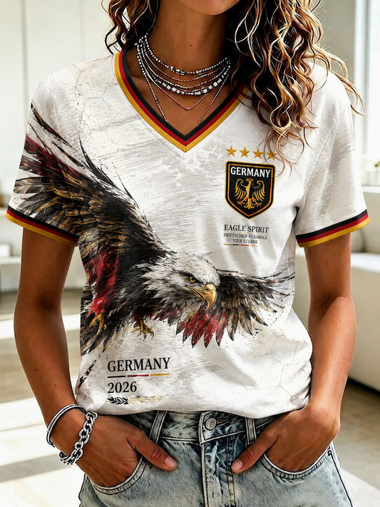 Damen-Fußball-T-Shirt aus Deutschland mit V-Ausschnitt und Print