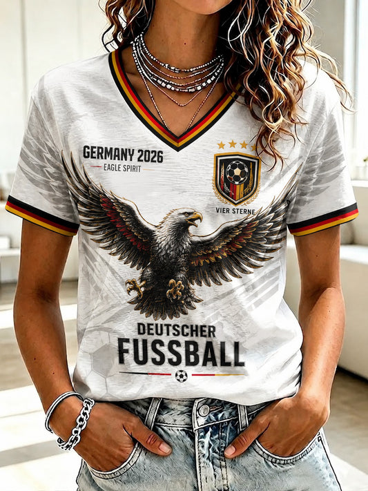 Damen-Fußball-T-Shirt aus Deutschland mit V-Ausschnitt und Print
