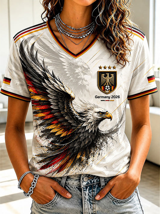 Damen-Fußball-T-Shirt aus Deutschland mit V-Ausschnitt und Print