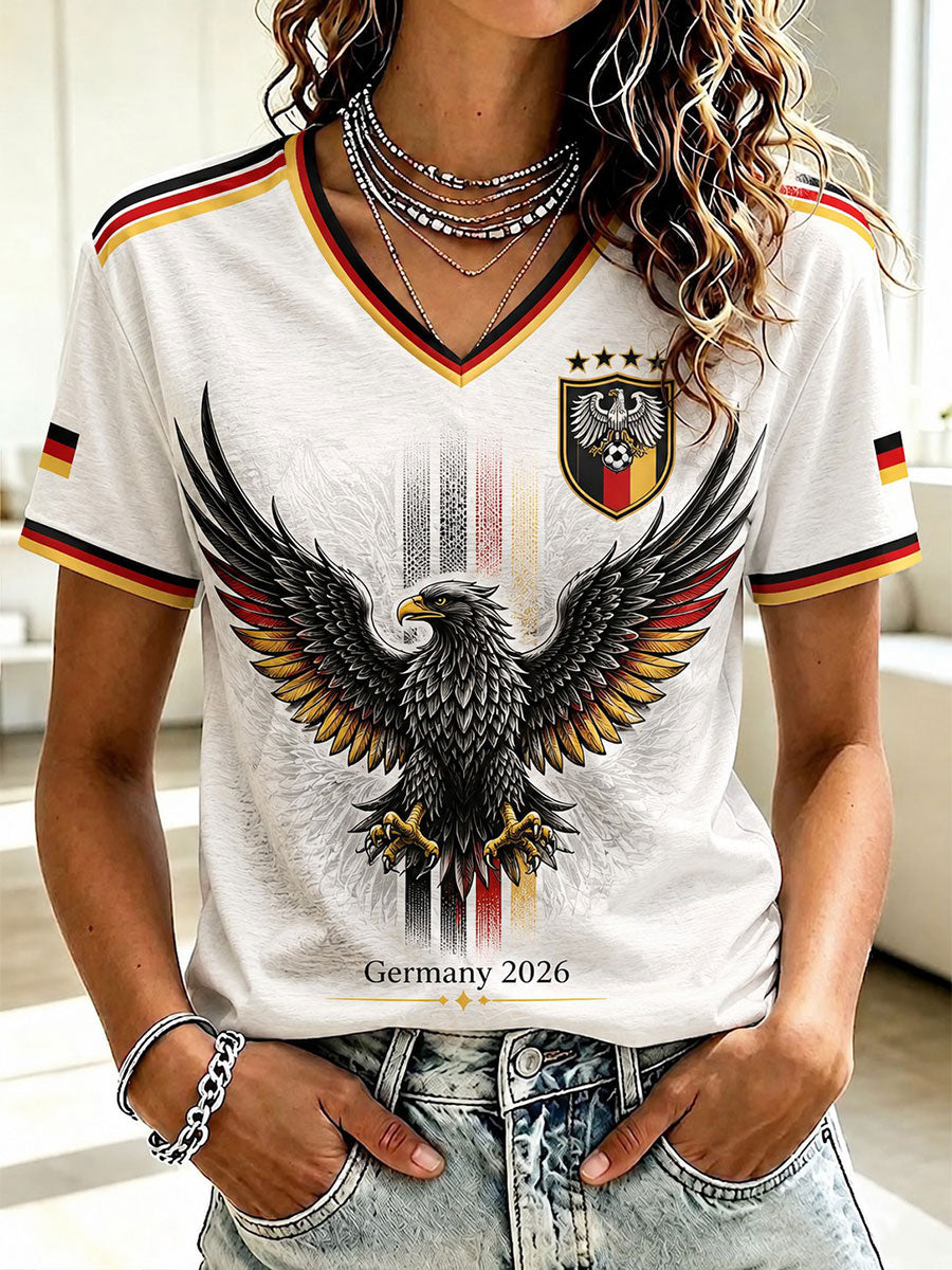 Damen-Fußball-T-Shirt aus Deutschland mit V-Ausschnitt und Print