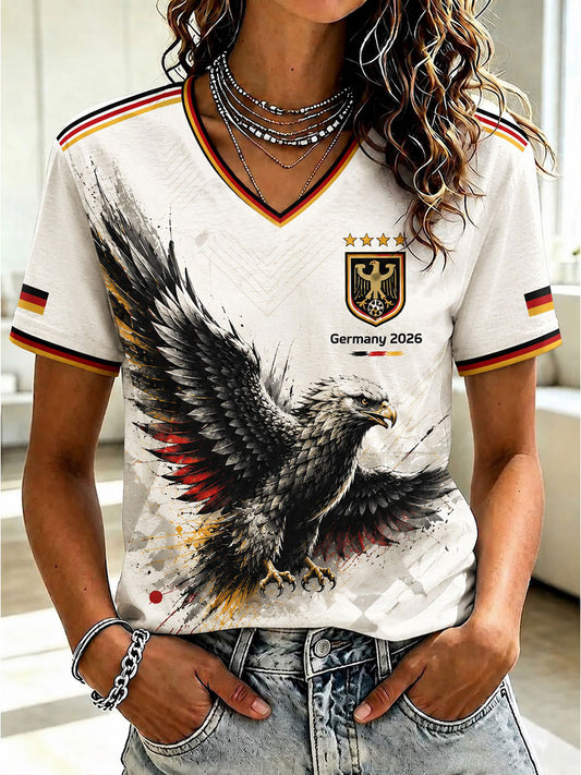 Damen-Fußball-T-Shirt aus Deutschland mit V-Ausschnitt und Print