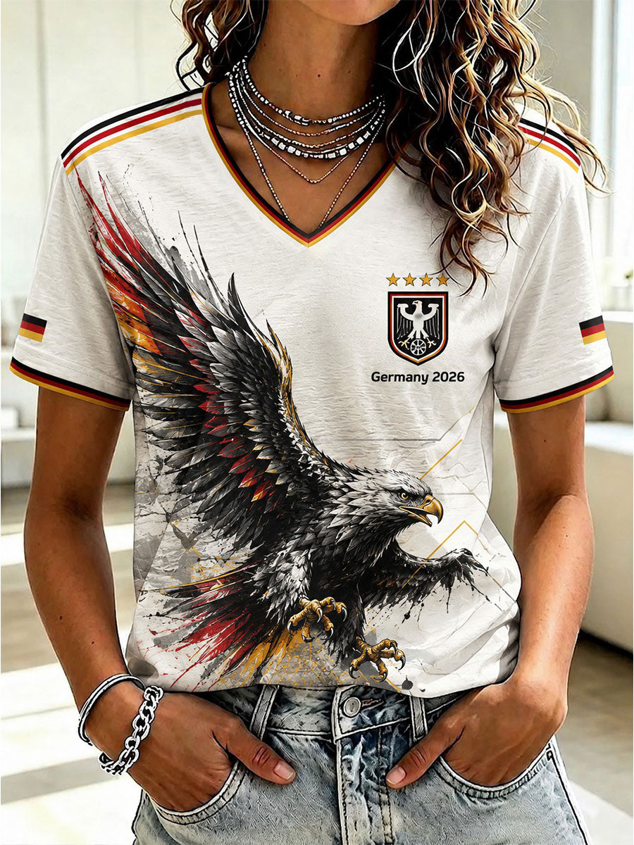 Damen-Fußball-T-Shirt aus Deutschland mit V-Ausschnitt und Print