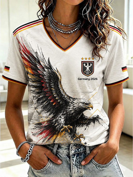 Damen-Fußball-T-Shirt aus Deutschland mit V-Ausschnitt und Print