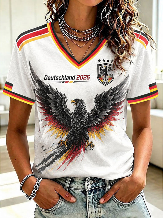 Damen-Fußball-T-Shirt aus Deutschland mit V-Ausschnitt und Print