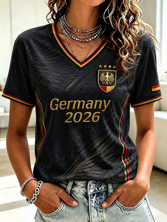 Damen-Fußball-T-Shirt aus Deutschland mit V-Ausschnitt und Print