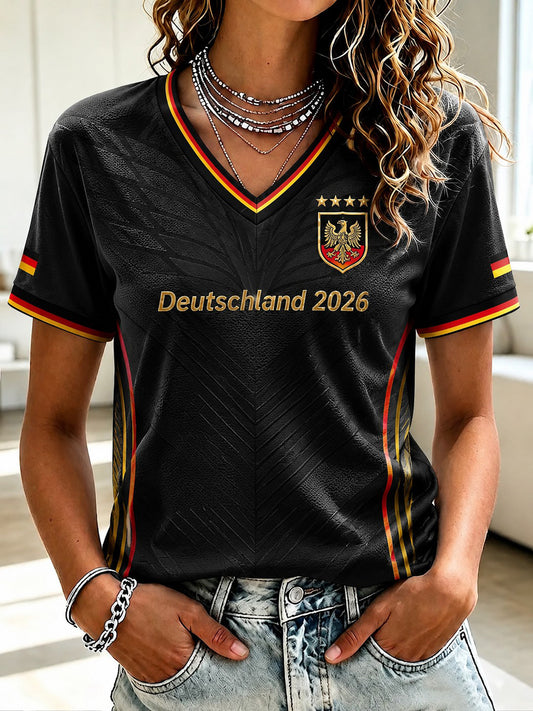 Damen-Fußball-T-Shirt aus Deutschland mit V-Ausschnitt und Print