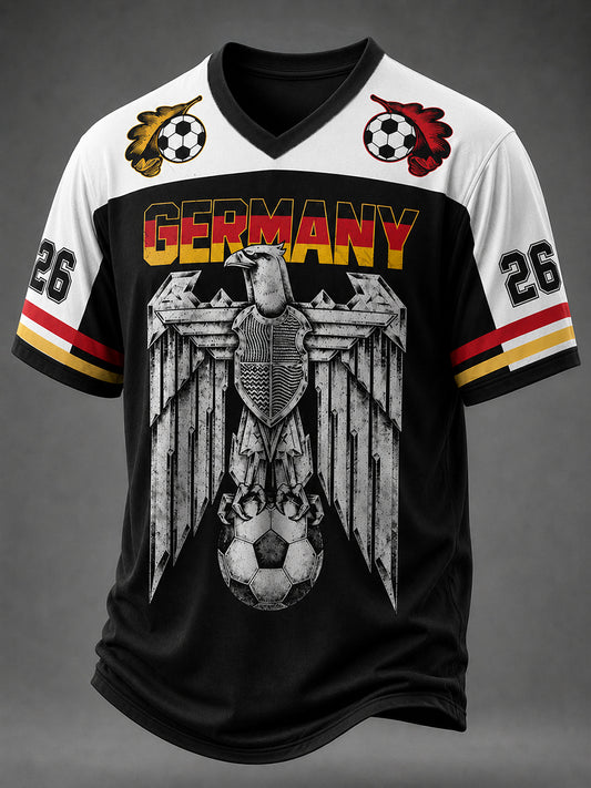 Herren-Fußballfan-T-Shirt aus Deutschland mit V-Ausschnitt und Print
