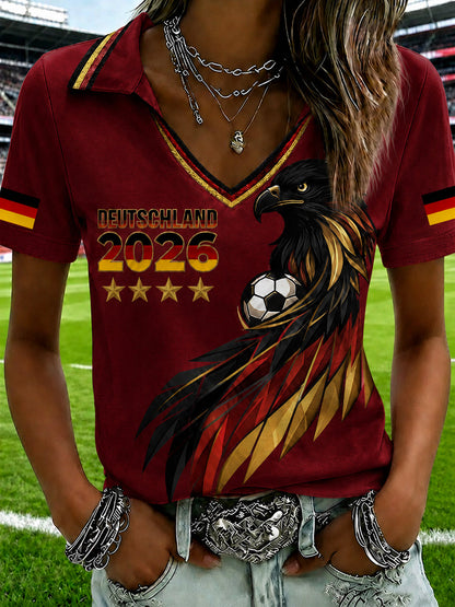 Damen-T-Shirt mit V-Ausschnitt und deutschem Fußballfan-Print