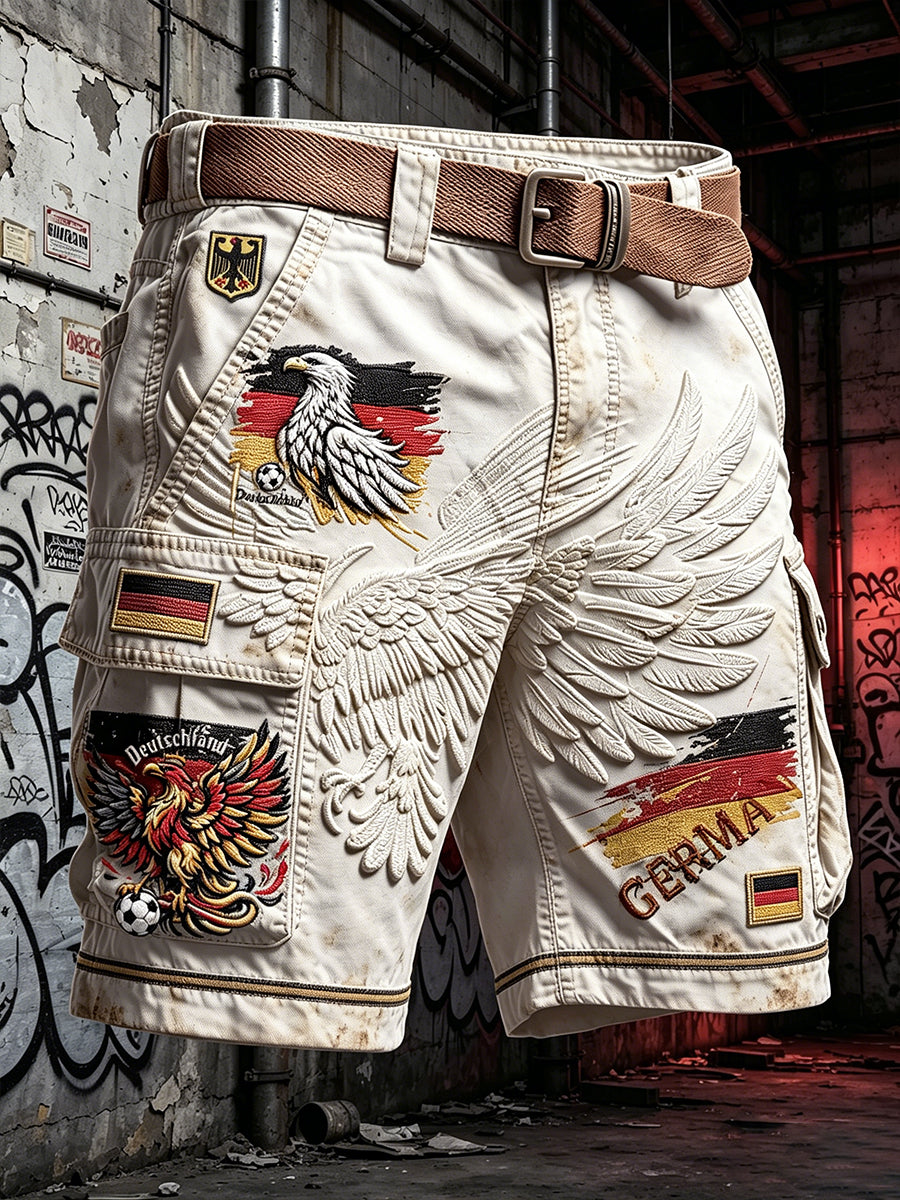 Herren-Vintage-Shorts in Weiß mit deutschem Fußballadler-Print für Freizeit und Arbeit