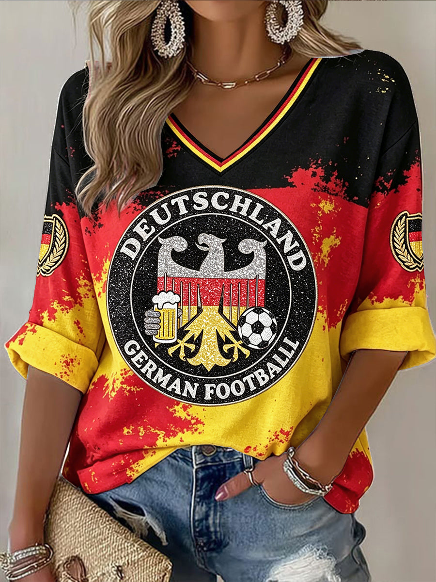 Damen-T-Shirt mit V-Ausschnitt, lässige Mode, Bier- und Deutschlandflaggen-Paillettenprint