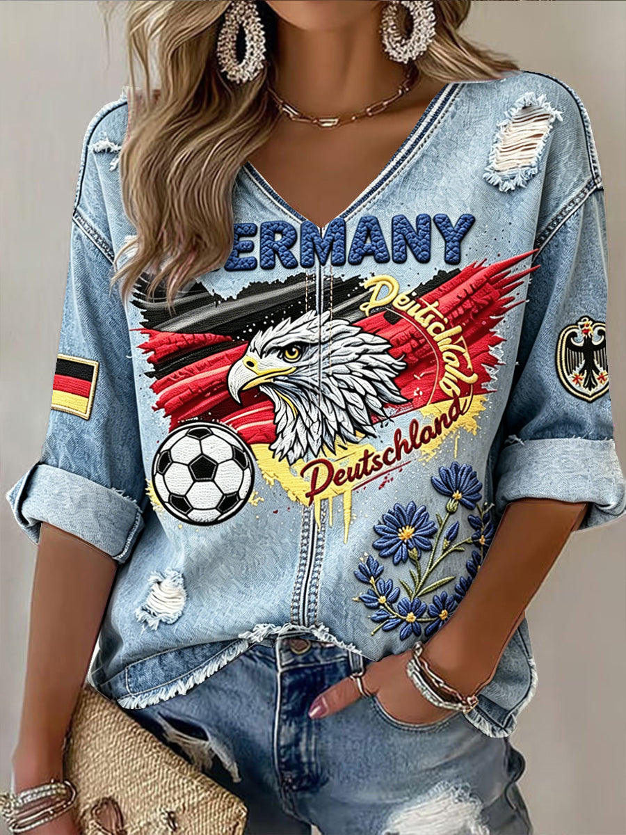 Damen-T-Shirt im deutschen Flag-Football-Stil mit Jeans-Print, lässige Mode, V-Ausschnitt