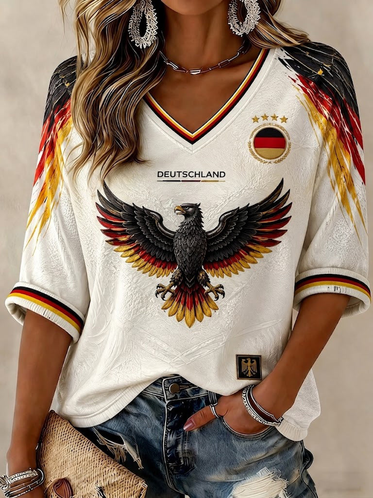 Frauen Deutschland Fußball bedruckt Mittellänge Ärmel V-Ausschnitt T-Shirt