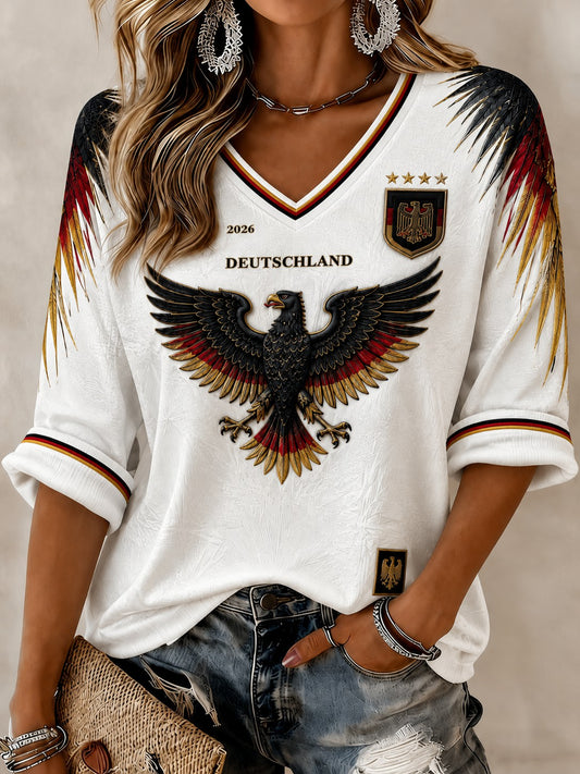 Damen-Fußball-T-Shirt aus Deutschland mit Druck, mittellangen Ärmeln und V-Ausschnitt