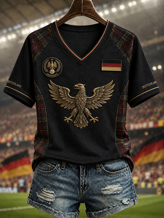Damen-Fußball-T-Shirt in Deutschland-Optik mit V-Ausschnitt und schulterfreiem, kurzärmeligem Design