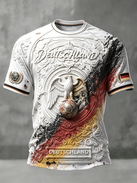 Herren-Vintage-Weißes Freizeit-T-Shirt mit 3D-Druck des deutschen Adlerwappens und Fußballmotiv