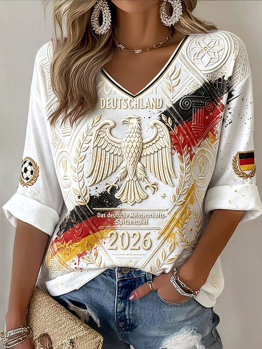 Damen-Vintage-T-Shirt in Weiß mit deutscher Flagge, Graffiti-Adler und Fußballmotiv, lässiger V-Ausschnitt