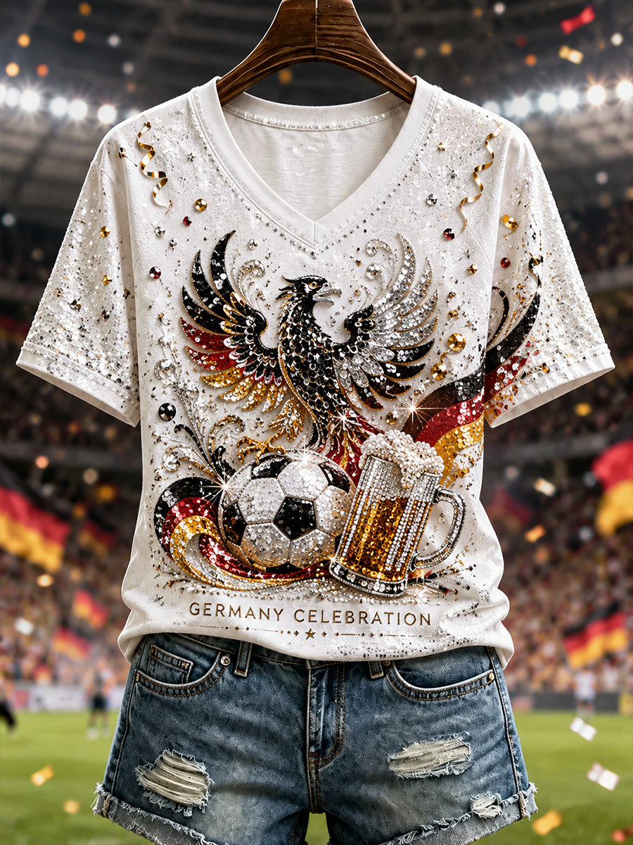 Damen-Fußball-T-Shirt in Deutschland-Optik mit V-Ausschnitt und schulterfreiem, kurzärmeligem Design