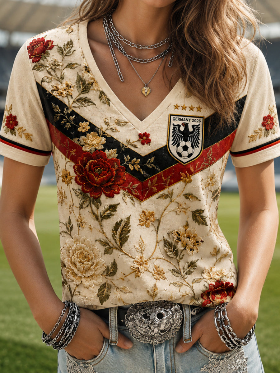 Damen-T-Shirt mit Blumenmotiv, inspiriert vom deutschen Fußball