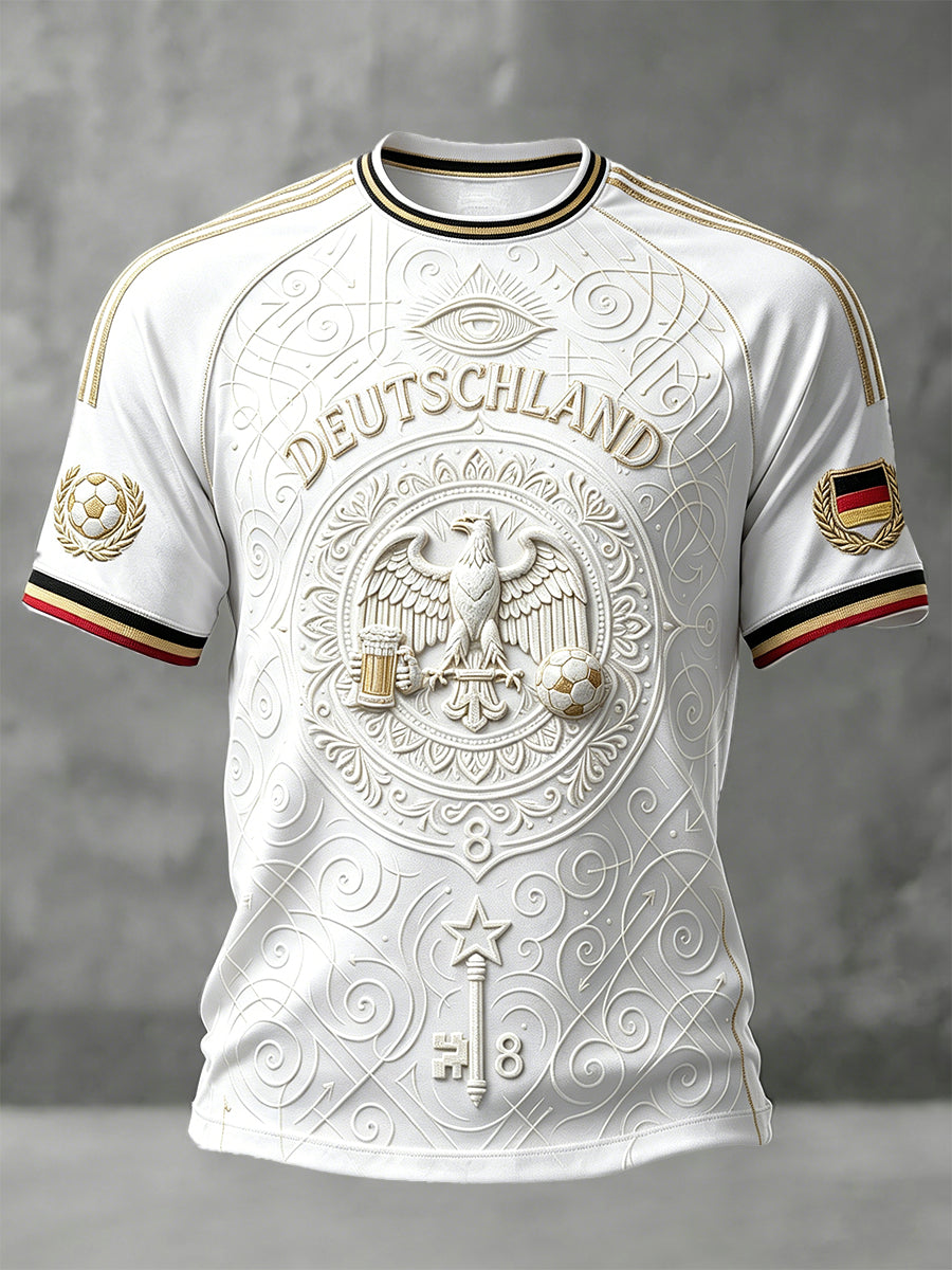 Herrenweißes, vintage deutsches Adler-Fußball-T-Shirt mit 3D-Druck, lässig geschnitten