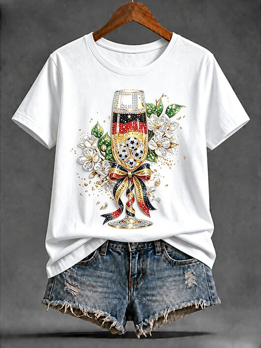 Damen-T-Shirt mit Champagner-Print im deutschen Fußballstil, lässig geschnitten