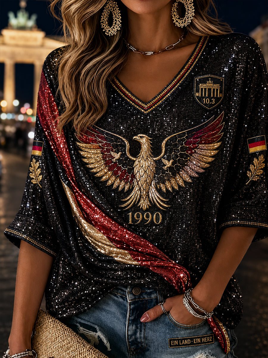 Damen-Linonhemd mit V-Ausschnitt und Motiv zum Tag der Deutschen Einheit
