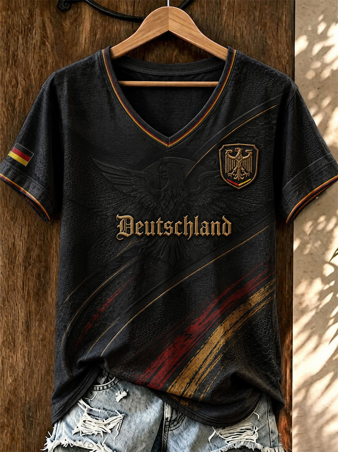 Damen-Fußball-T-Shirt aus Deutschland mit V-Ausschnitt und Aufdruck