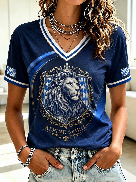 Damen T-Shirt mit V-Ausschnitt, deutscher bayerischer Löwe, bedruckt