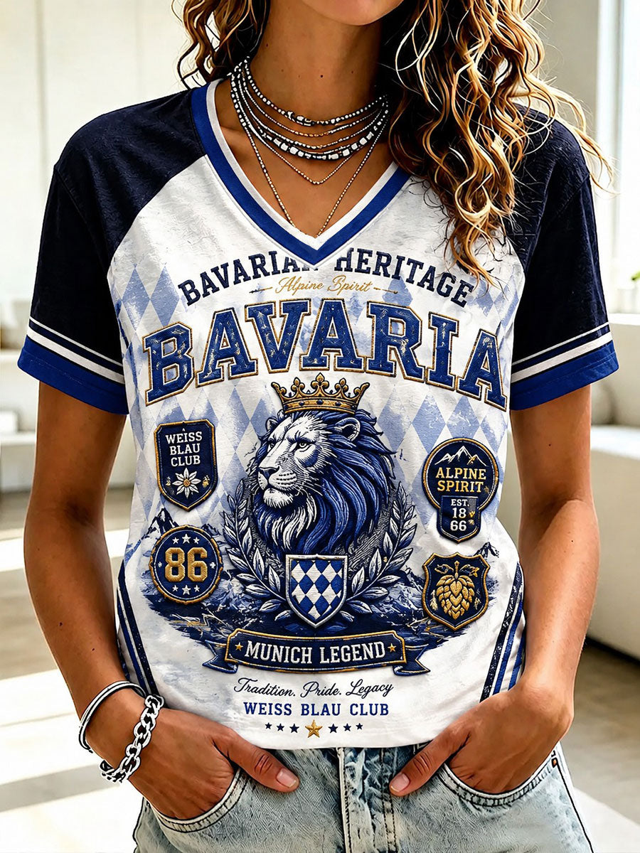 Damen-T-Shirt mit deutschem bayerischem Löwen-Print und V-Ausschnitt