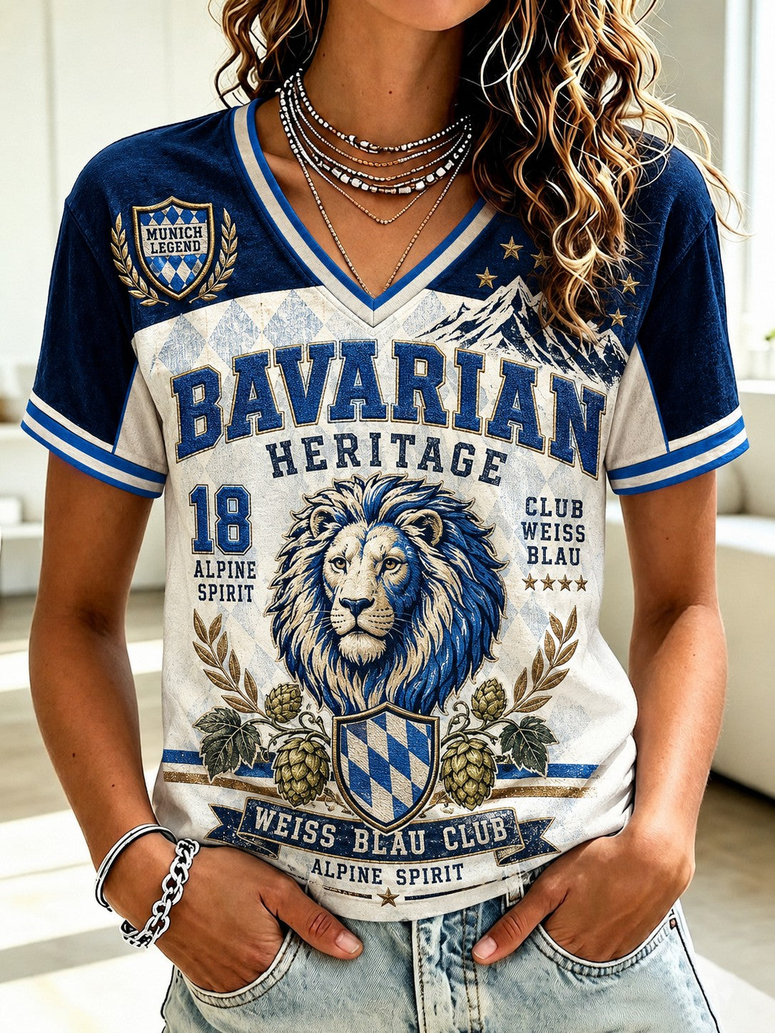 Damen-T-Shirt mit deutschem bayerischem Löwen-Print und V-Ausschnitt
