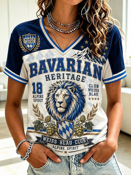 Damen-T-Shirt mit deutschem bayerischem Löwen-Print und V-Ausschnitt