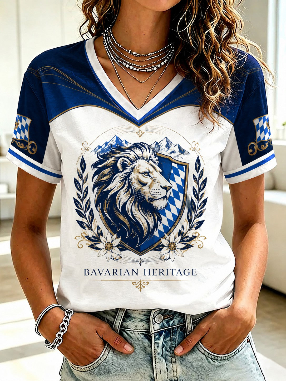 Damen-T-Shirt mit deutschem bayerischem Löwen-Print und V-Ausschnitt