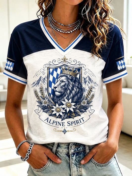 Damen-T-Shirt mit deutschem bayerischem Löwen-Print und V-Ausschnitt