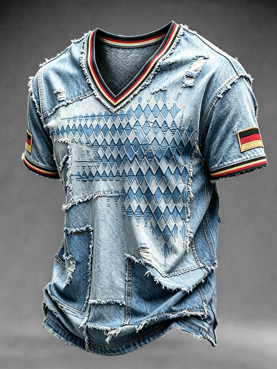 Herren-T-Shirt mit V-Ausschnitt Denim-Stil, Bayerischer Diamant-Check