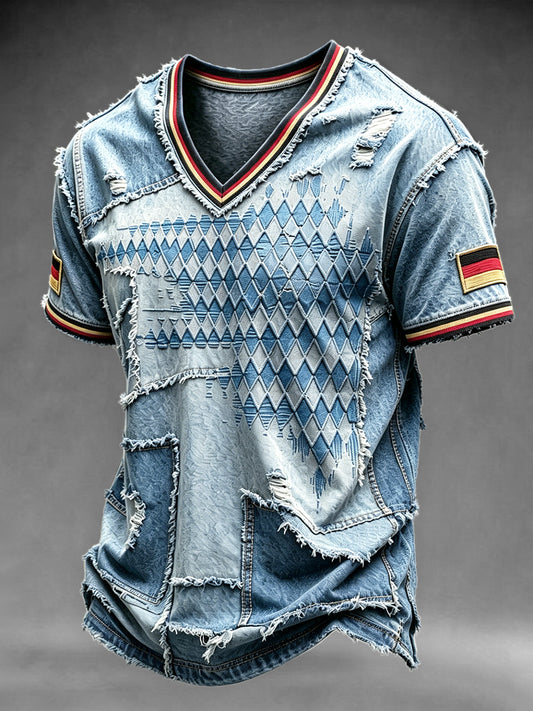Herren-T-Shirt mit V-Ausschnitt Denim-Stil, Bayerischer Diamant-Check