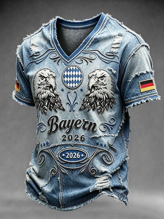 Herren-Bayerischer Adler-Print Patchwork-Jeans-Stil lässig V-Ausschnitt T-Shirt