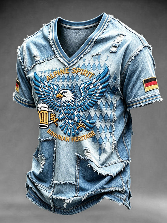 Männer deutsche Fußball Adler Denim-Stil Patchwork Print lässig V-Ausschnitt T-Shirt