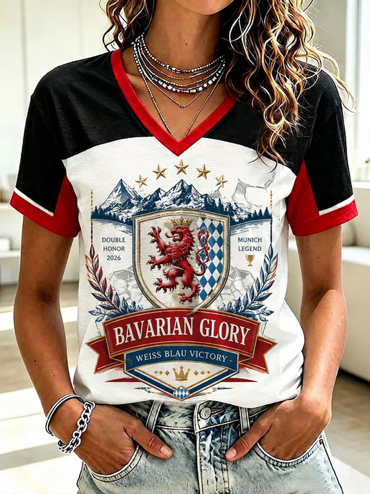 Damen T-Shirt mit V-Ausschnitt, deutscher bayerischer Ruhm, bedruckt