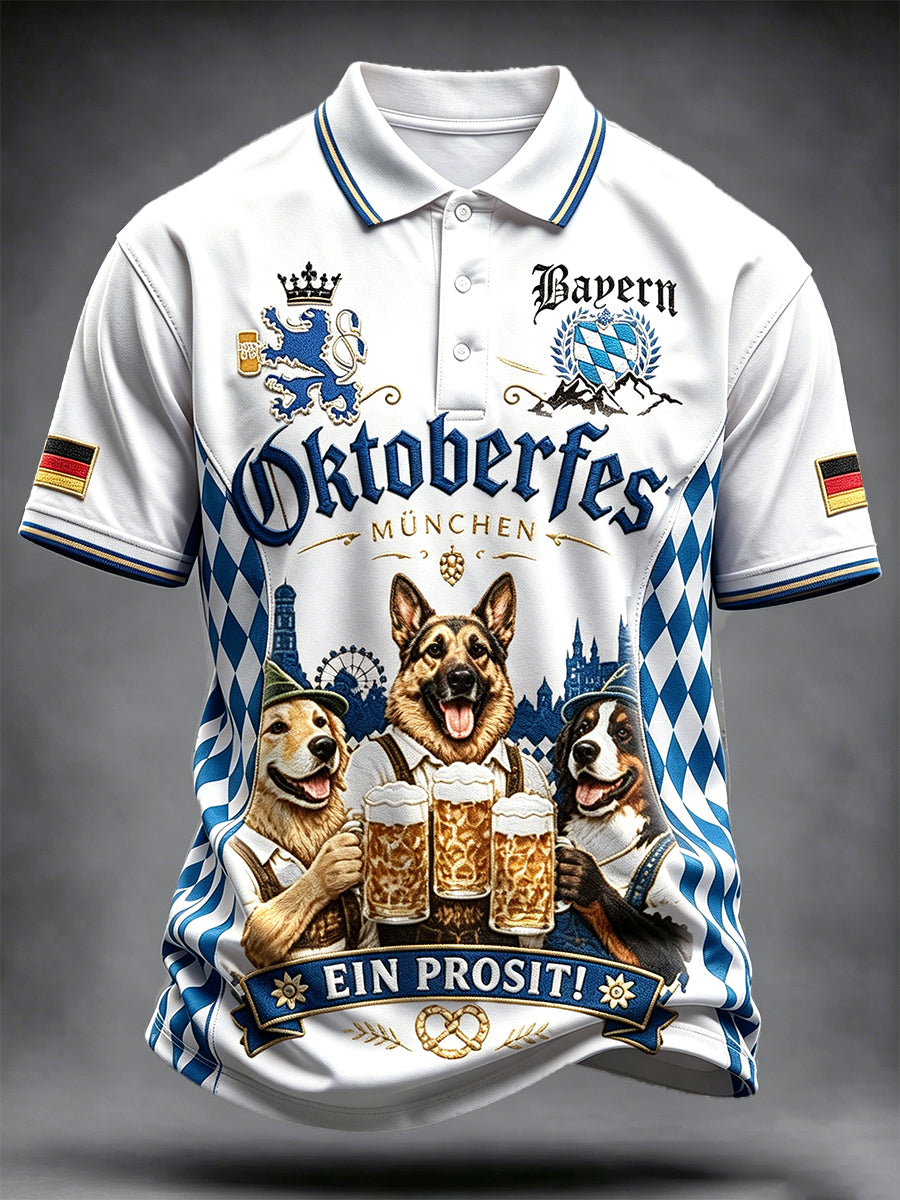 Herren-Poloshirt im Patchwork-Stil mit bayerischem Bier- und Hunde-Print, lässig geschnitten