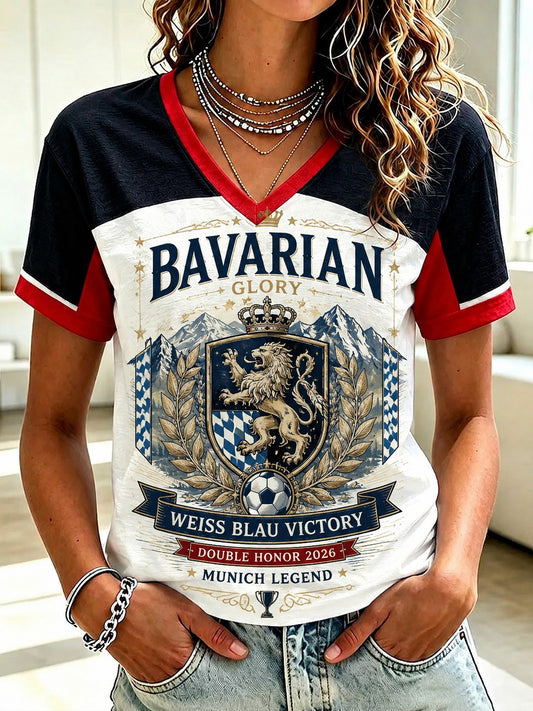 Damen-T-Shirt mit V-Ausschnitt, bedruckt mit deutscher bayerischer Pracht
