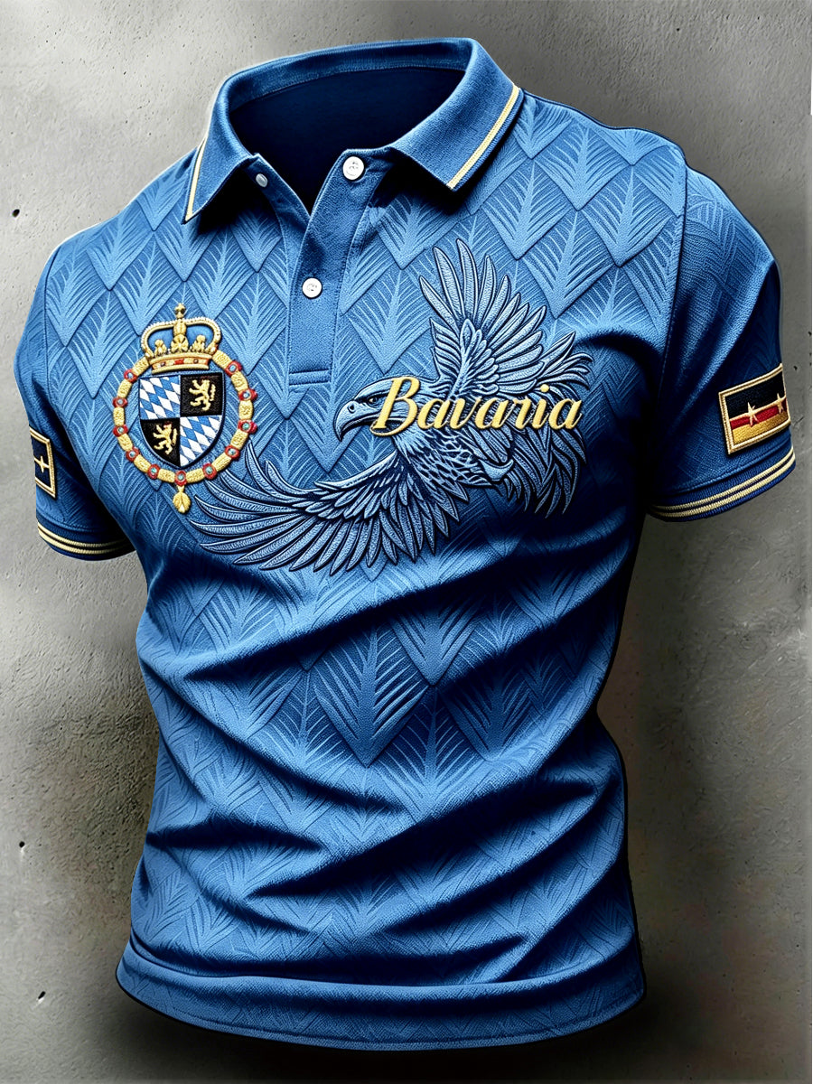 Herren-Poloshirt in Blau mit deutschem bayerischem Adler-Print, lässig geschnitten